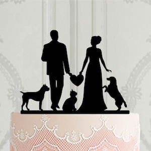 Silhouette Wedding cake topper with cats and dogs, Custom topper  Bride and Groom holding heart, Customised Cake Topper