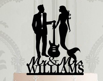 Adorno personalizado para tarta de boda con guitarra, adorno para tarta de novia sirena, adorno para tarta de novio guitarrista para boda