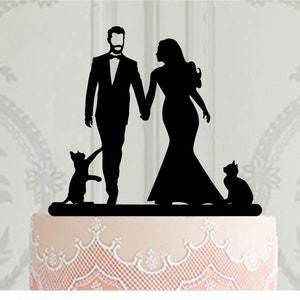 Wedding cake topper with cats, Bride and groom with pets, Custom cake topper, Silhouette cake topper for wedding