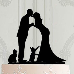 Wedding cake topper with cats, Bride and groom with pets, Custom cake topper, Silhouette cake topper for wedding