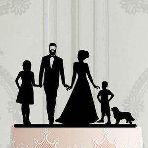 family silhouette wedding cake topper, Cake decoration for weddings,  Acrylic cake topper, cake topper with children and pet