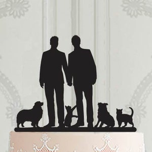 Gay wedding cake topper with pets, LGBT wedding decor ideas, Laser cut acrylic cake decoration image 1