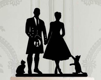 Scottish Wedding Cake Topper with cats, Custom Wedding Cake Decoration, Cake Topper With Pets, Scottish Wedding Decor, Groom in Kilt Topper