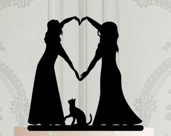 Lesbian wedding cake topper with cat, Mrs and Mrs cake decoration, LGBT Wedding decor