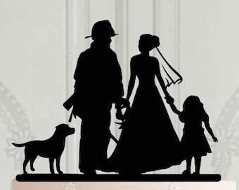 Firefighter Family Wedding Acrylic Cake Topper, Fireman groom with bride and child silhouette, wedding decoration with pet dolg  ideas