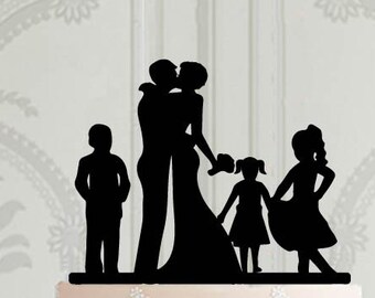Wedding cake topper, family silhouette cake topper, with children, boy and 2 girls, Custom cake topper, Wedding Decor, Bride and groom
