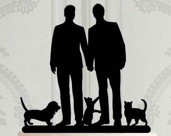 Gay wedding cake topper with pets, LGBT wedding decor ideas, Laser cut acrylic cake decoration, Custom cake topper with dogs and cats