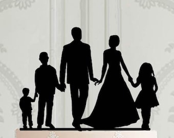 Family wedding Cake Topper, Bride and groom silhouette with children, with boy, with girl, Custom cake topper, Wedding decor