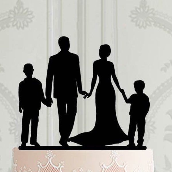 Wedding cake topper featuring a family, bride and groom with 2 children - 2 boys, Silver, Gold