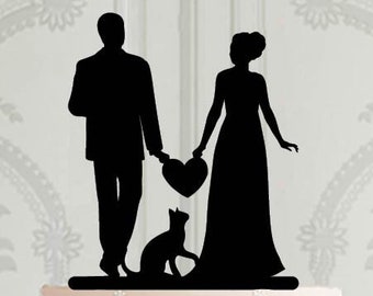 Custom Wedding cake topper with cat, silhouette topper with pet, Bride and Groom holding heart, Custom Cake Topper, Wedding decoration