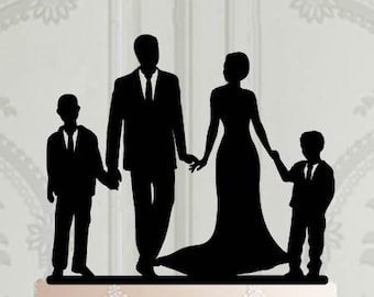 Wedding Cake Topper with children, Family silhouette  Cake Topper with name, Bride  and Groom with boys,  Custom Cake Topper for wedding