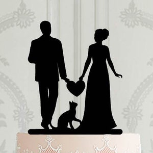 Custom Wedding cake topper with cat, silhouette topper with pet, Bride and Groom holding heart, Custom Cake Topper, Wedding decoration