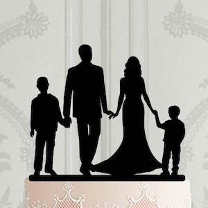 Wedding Cake Topper with children, Family silhouette Cake Topper,  Bride  and Groom with boys, Custom cake topper, acrylic cake topper