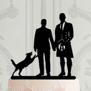 Mr and Mr custom wedding cake topper with dog or cat, Scottish groom in kilt, gay wedding ake topper, LGBT party decor