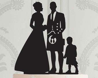 Scottish wedding cake topper with child, Groom in kilt silhouette cake topper, boy in kilt cake topper, Scottish family cake topper