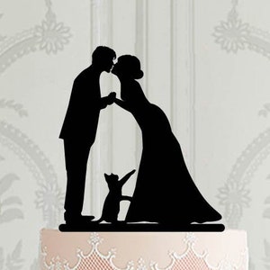 Custom Wedding cake topper with cat, Bride and groom kissing silhouette,  laser cut acrylic cake decoration, Customised cat cake topper