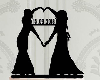 Lesbian Wedding Cake Topper with date, Mrs Mrs silhouette, Custom cake topper, 2 brides Cake Topper, Same Sex Wedding, LGBT, personalised