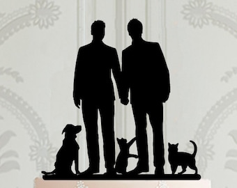Custom Gay wedding cake topper with pets, LGBT wedding decor ideas, Laser cut acrylic male couple with dogs and cats cake decoration