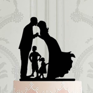Family Wedding Cake Topper, Bride and Groom 2 children silhouette, Cake Decoration, Custom Cake Topper, Wedding Decoration