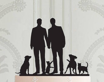 Custom Gay wedding cake topper with pets, Groom and groom silhouette, Dogs cats cake topper, LGBT , Custom cake topper