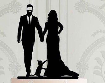 Décoration de gâteau de mariage avec chat, silhouette des mariés avec barbe, décoration de gâteau personnalisée, décoration de mariage personnalisée