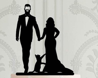 Silhouette cake topper with cat, bride and groom with beard and  pet cake decor, Wedding decoration, gold cake topper