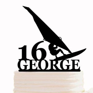 Windsurfing birthday cake topper, Custom name and age birthday cake topper, Windsurfer Sport Birthday party decoration