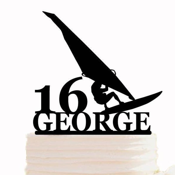Topper per torta di compleanno di windsurf, topper per torta di compleanno con nome personalizzato ed età, decorazione per festa di compleanno di Windsurfer Sport