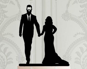 Wedding Cake Topper, Bride and Groom with beard Silhouette, Bearded groom cake topper, Wedding decoration