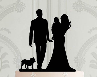 Family wedding cake topper with baby, Bride holding baby, Silhouette acrylic cake decor, Laser cut cake topper, Couple with child, Dog, Cat