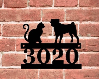 Letrero de dirección con diseño de perro y gato - Número de casa con mascota personalizada, Número de casa contemporáneo, Número de puerta de apartamento, Placa para la casa, Regalo de inauguración de casa