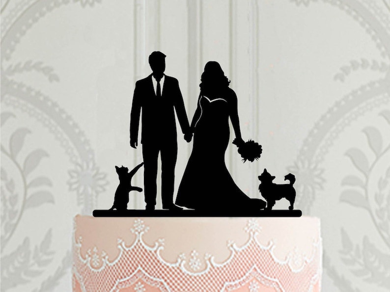 Custom silhouette wedding cake topper with pets, Curvy bride groom in suit cake topper for wedding, Customised cat or dog cake decoration image 10