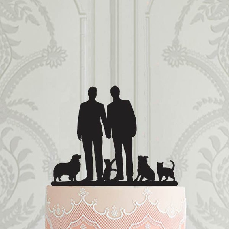 Gay wedding cake topper with pets, LGBT wedding decor ideas, Laser cut acrylic cake decoration image 1