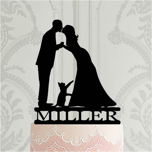 Customised wedding cake topper with pet, Bride and groom silhouette with cat and name,  Custom cake decorations, Bride and groom kissing