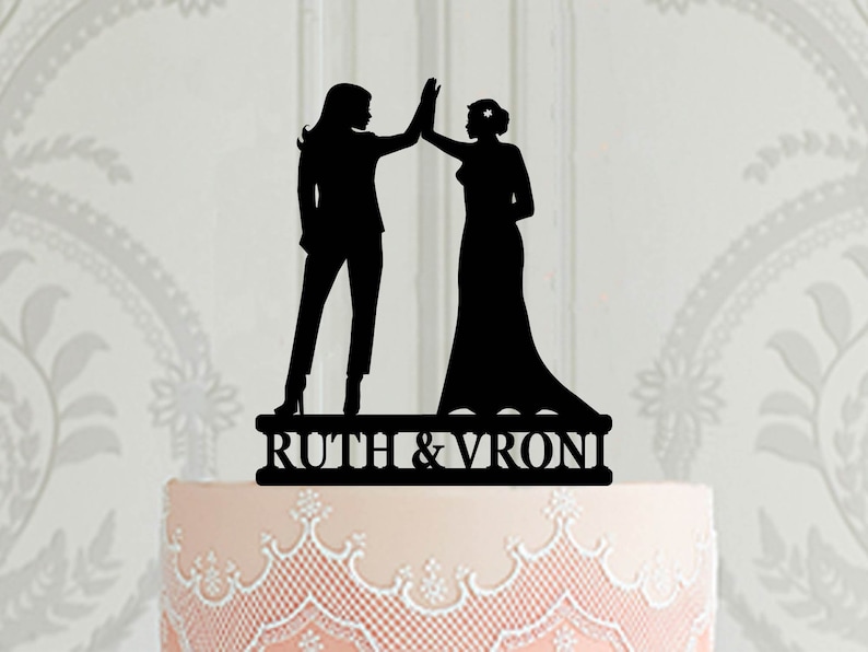 2 brides Wedding Cake Topper, Lesbian high five cake topper for wedding, LGBT Cake Decoration, Mrs and Mrs cake decor image 3