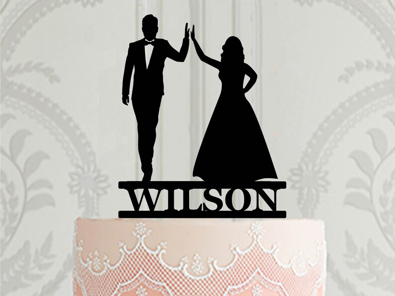 Personalised Wedding Cake Topper , Bride and Groom High Five Silhouette ...