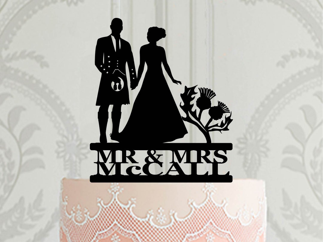 Scottish Wedding Cake Topper - Groom in Kilt Silhouette, Personalised ...