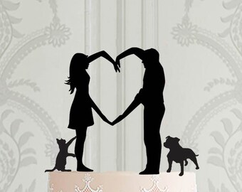 Wedding cake topper,  Bride and Groom , with pets - dogs and cats