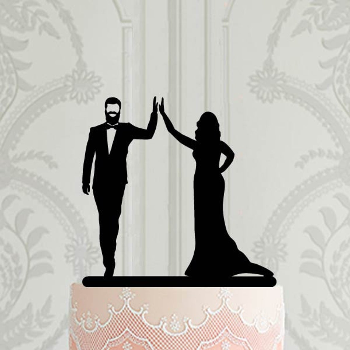 Wedding Cake Topper, Bride and Groom With Beard Silhouette, High Five ...