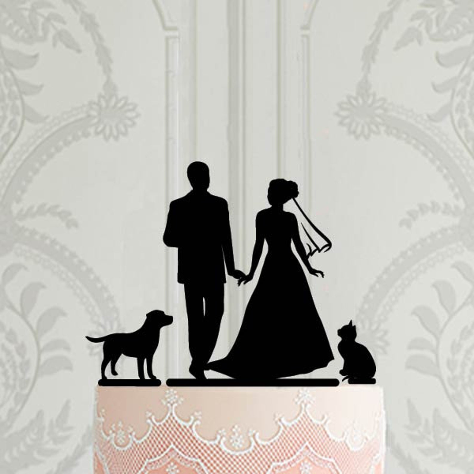 Wedding Cake Topper With Pets, Bride and Groom Silhouette Cake Topper ...