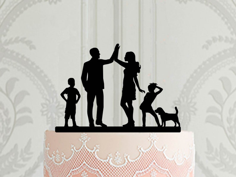 Family Silhouette Wedding Cake Topper With Children and Pets, Bride and ...