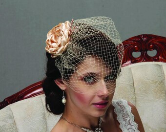 Birdcage Veil with satin flower, Wedding headpiece, Bridal fascinator  Rhinestone Accent hairpiece