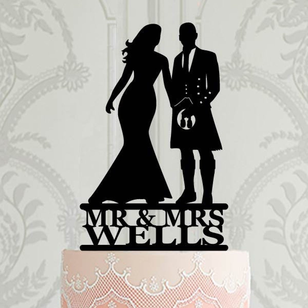 Scottish Wedding Cake Topper - Groom in Kilt Silhouette, Personalised ...