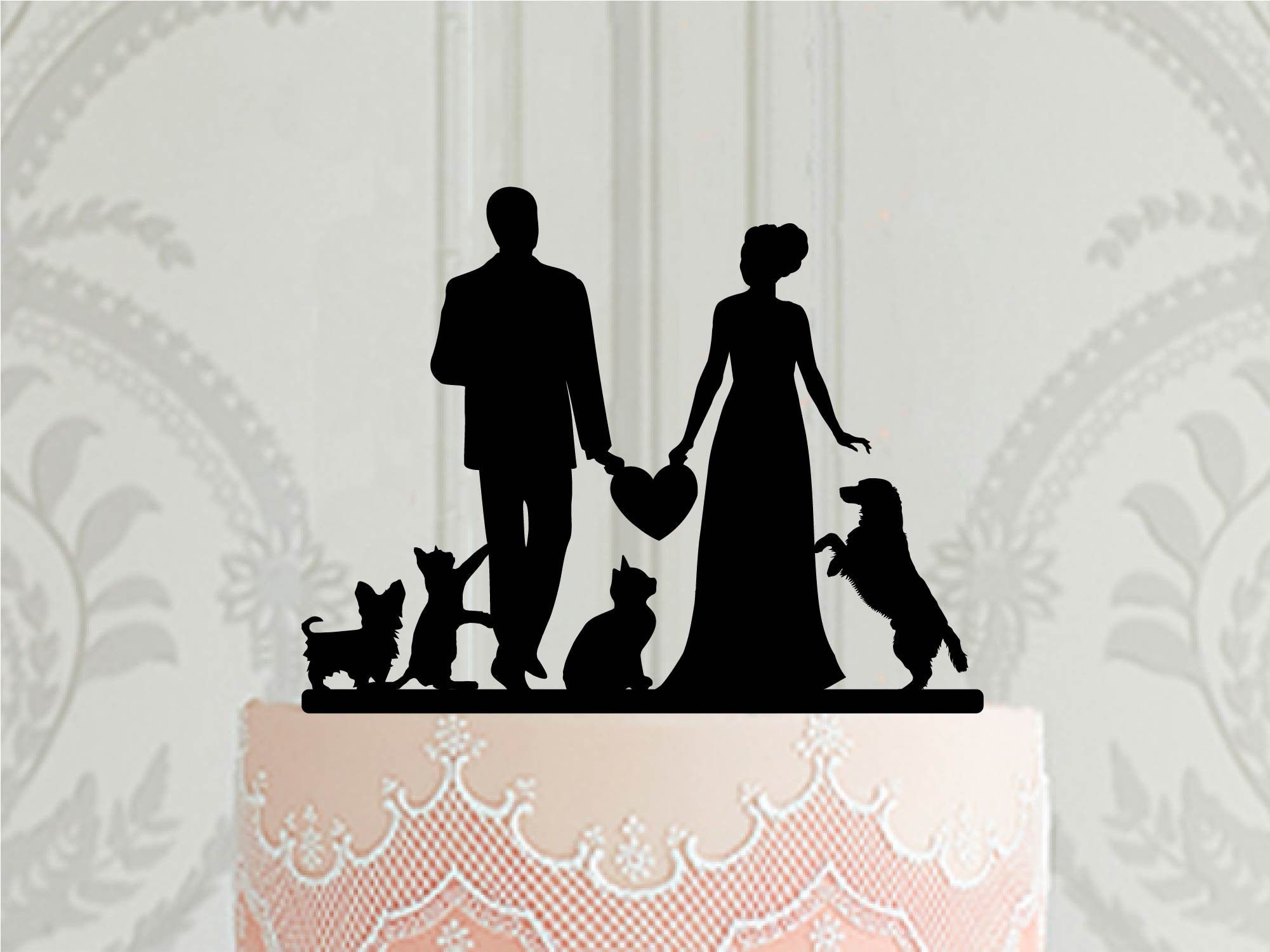 Custom Wedding Cake Topper With Cats and Dogs, Silhouette Topper Bride ...