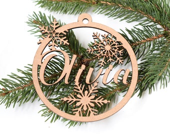 Christmas bauble with personalisation, Xmas decor with name, Laser cut personalised decorations for christmas tree, Wooden baubles, Acrylic