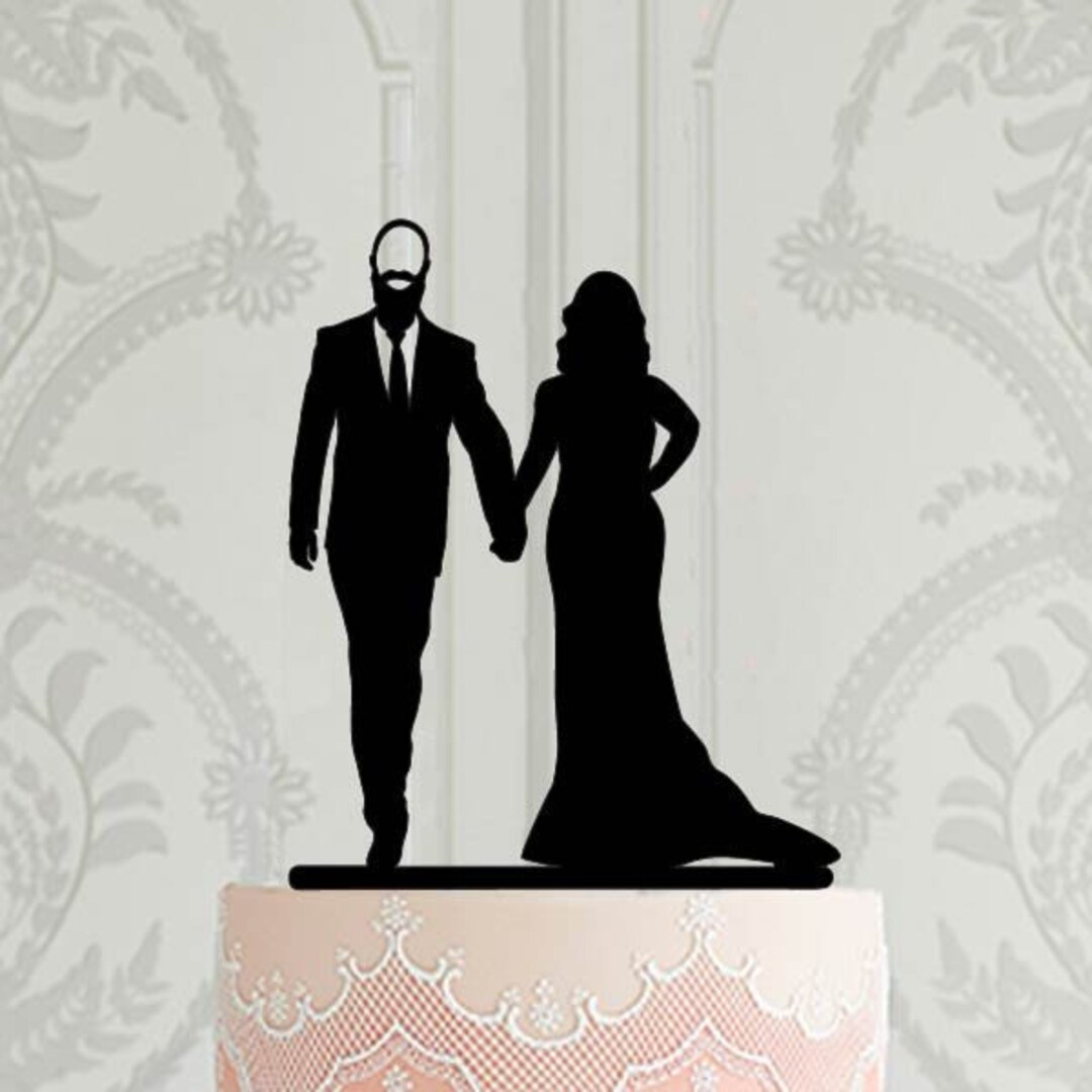 Personalised Wedding Cake Topper, Bride and Groom With Beard Silhouette