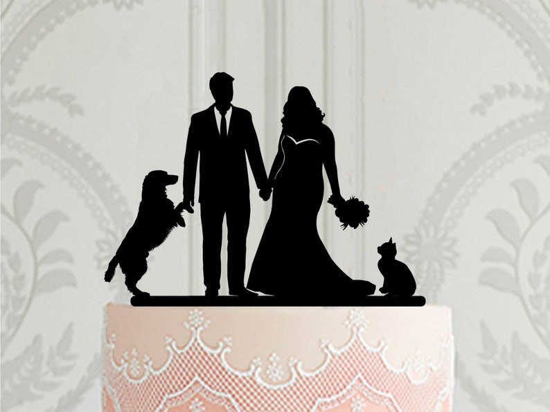 Custom silhouette wedding cake topper with pets, Curvy bride groom in suit cake topper for wedding, Customised cat or dog cake decoration image 1