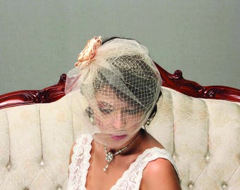 Wedding Birdcage Veil with satin flower, Rhinestone Accent bridal headpiece