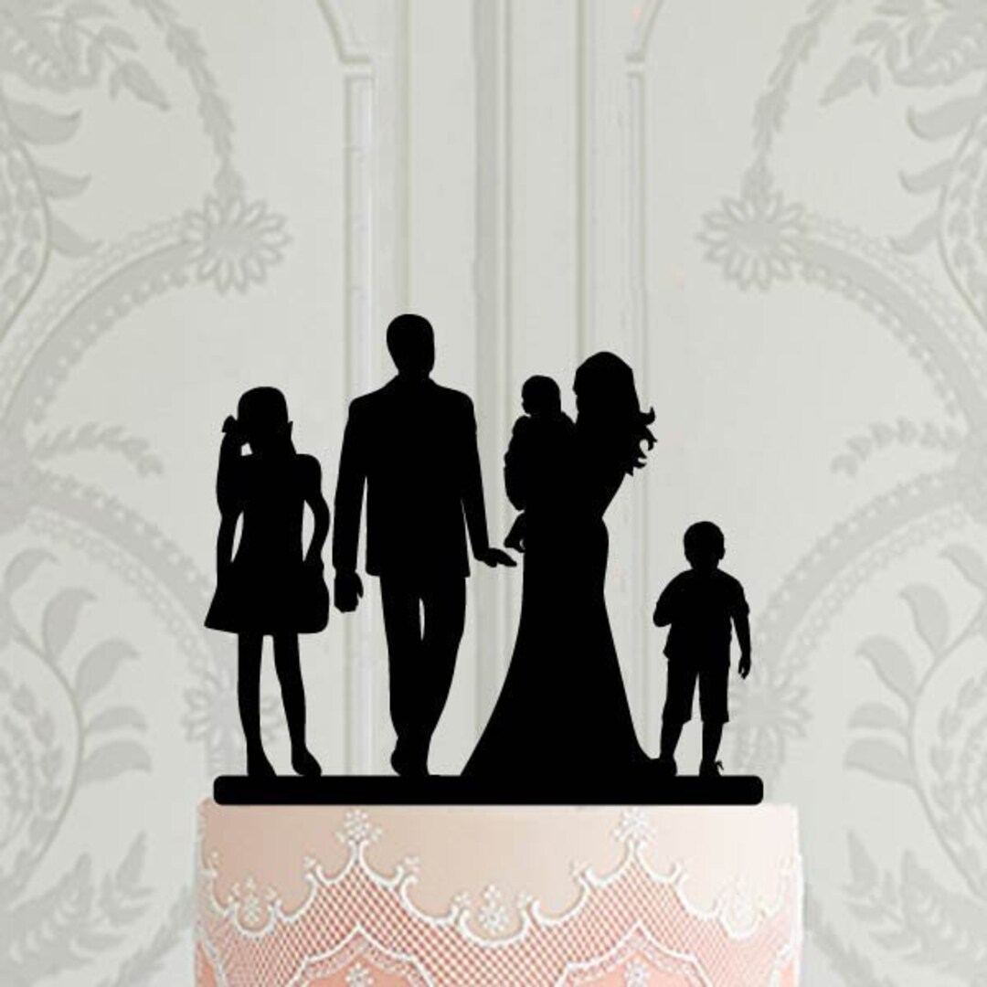 Family Silhouette Wedding Cake Topper, Bride and Groom With 3 Children ...