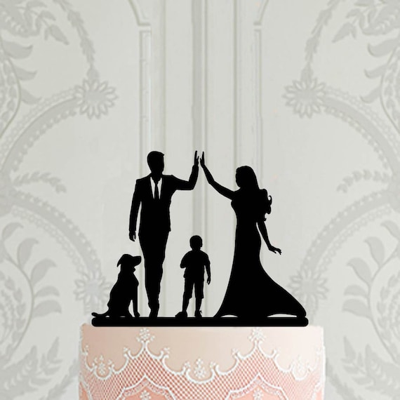 Family Silhouette Wedding Cake Topper With Child and Dog, Bride and Groom  High Five Cake Topper 